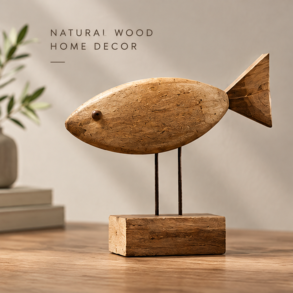 AVOLTT natural wood fish sculpture on two dark supports and a rectangular wood base, displayed on a tabletop