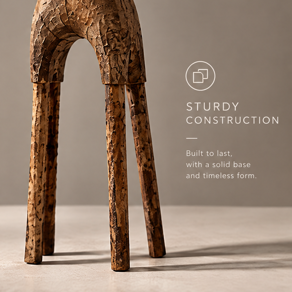Detail of the sculpture's arch and slender wooden legs resting on a level surface