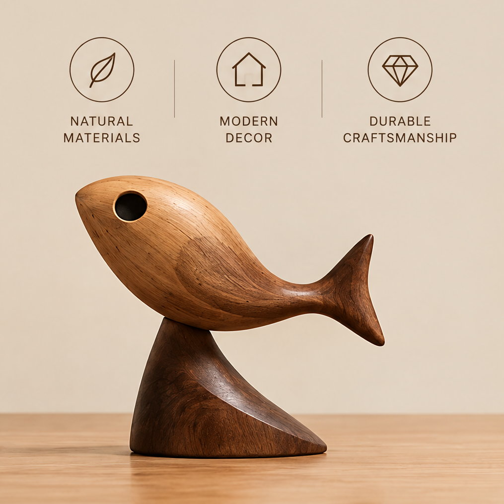 Full side view of the wooden fish sculpture showing its circular eye opening and wave-shaped base
