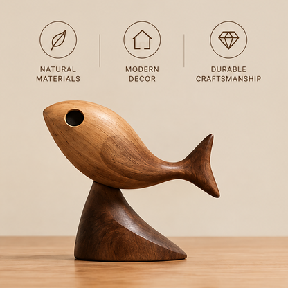 Full side view of the wooden fish sculpture showing its circular eye opening and wave-shaped base