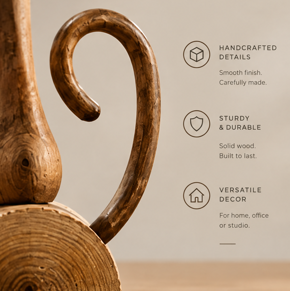 Close-up of the cat sculpture's smooth curled tail and semicircular wooden base