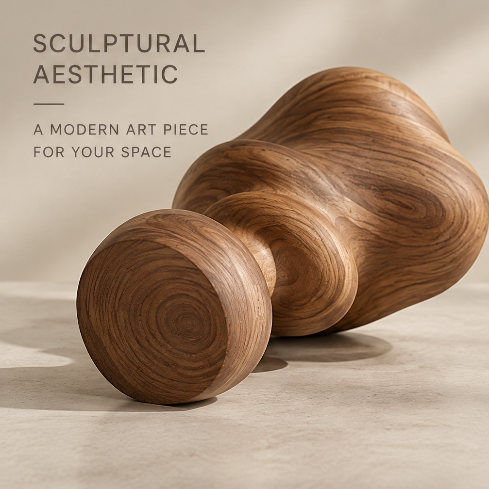 Abstract wood sculpture lying on its side, showing its rounded base and flowing contours