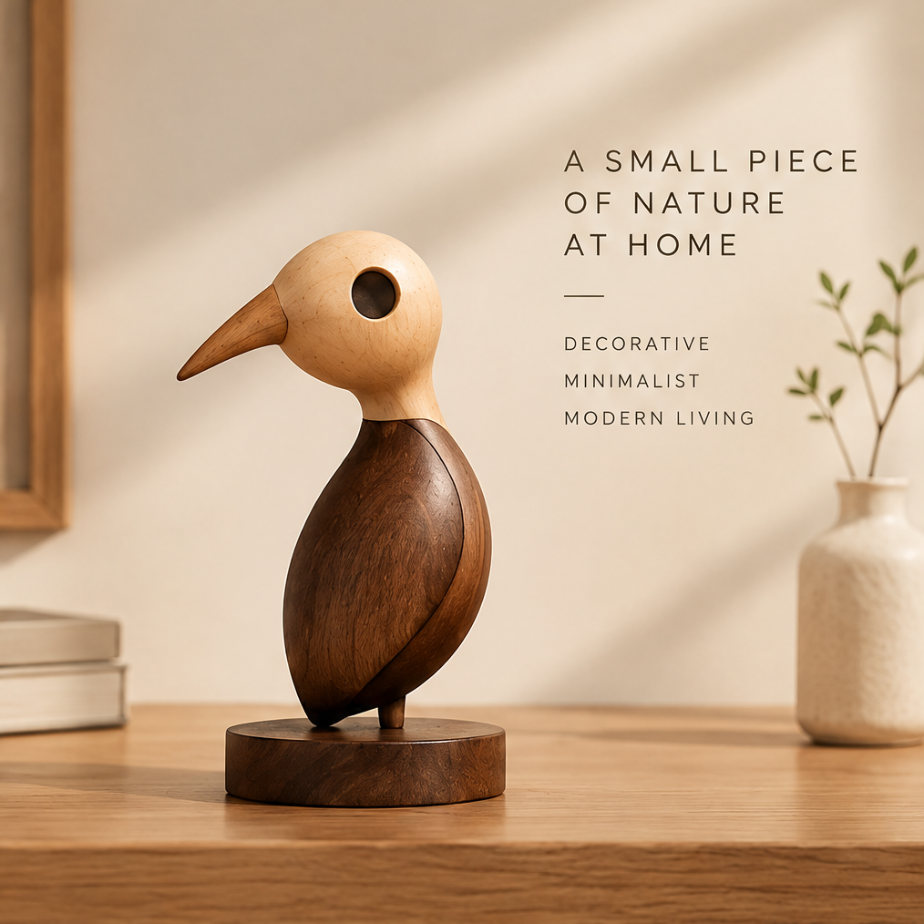 Two-tone wooden bird sculpture styled between neutral books and a vase in a warm interior