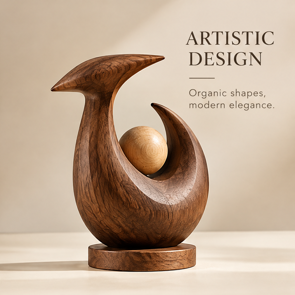 AVOLTT abstract brown wood curve and light sphere sculpture on a round base against a neutral background