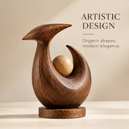 AVOLTT abstract brown wood curve and light sphere sculpture on a round base against a neutral background
