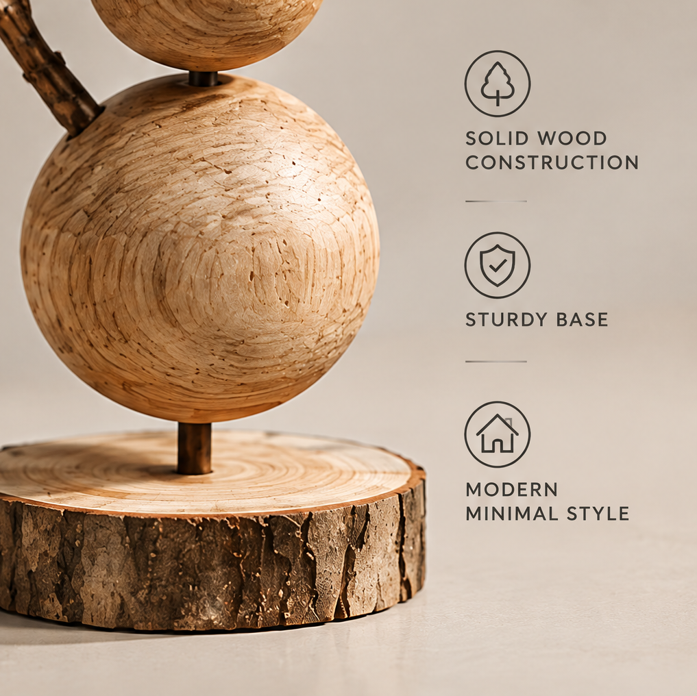 Detail of the lower wooden sphere, dark support, and round solid wood base