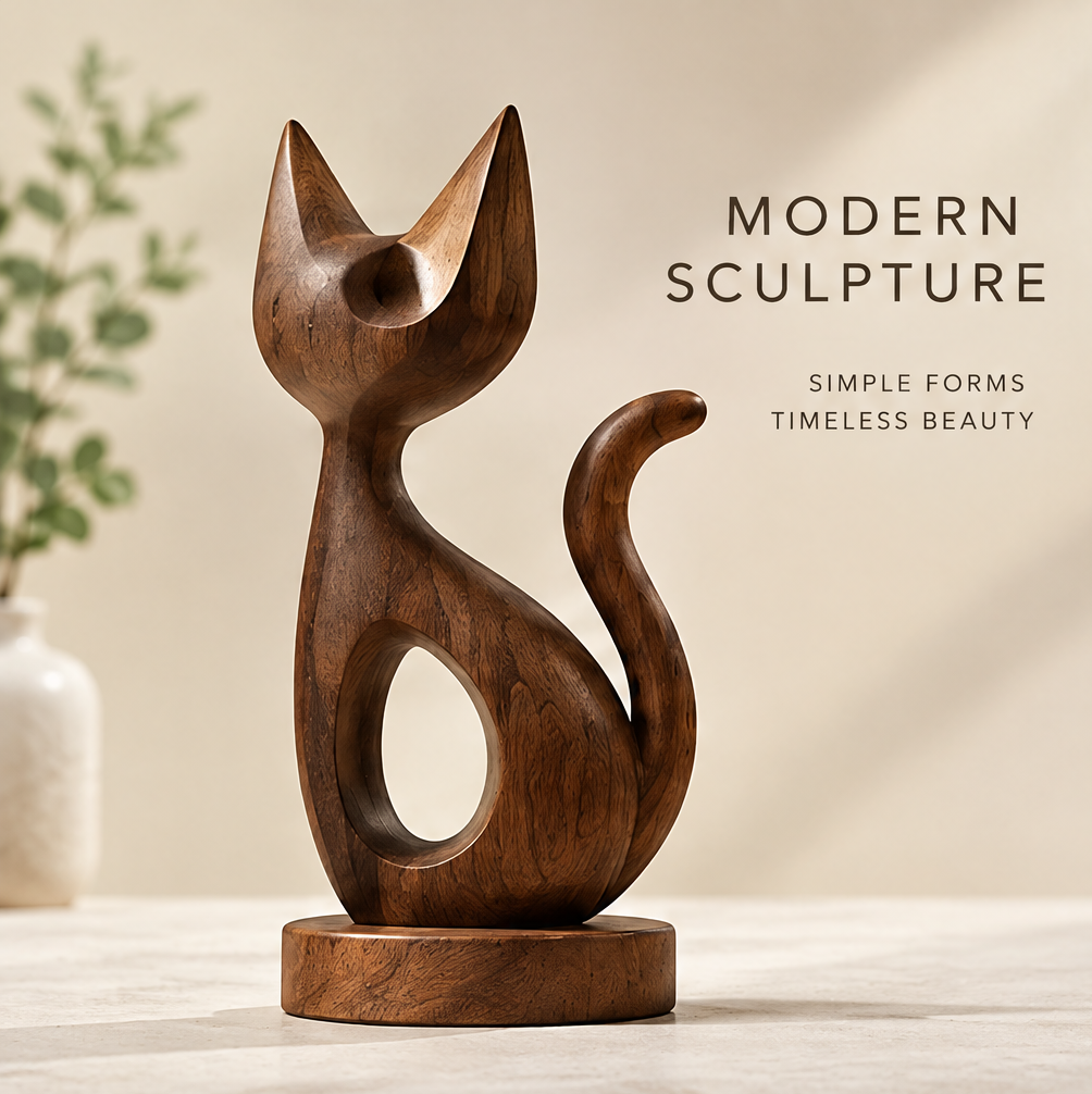 AVOLTT solid wood cat sculpture with pointed ears, an oval body opening, and a curved tail on a round base