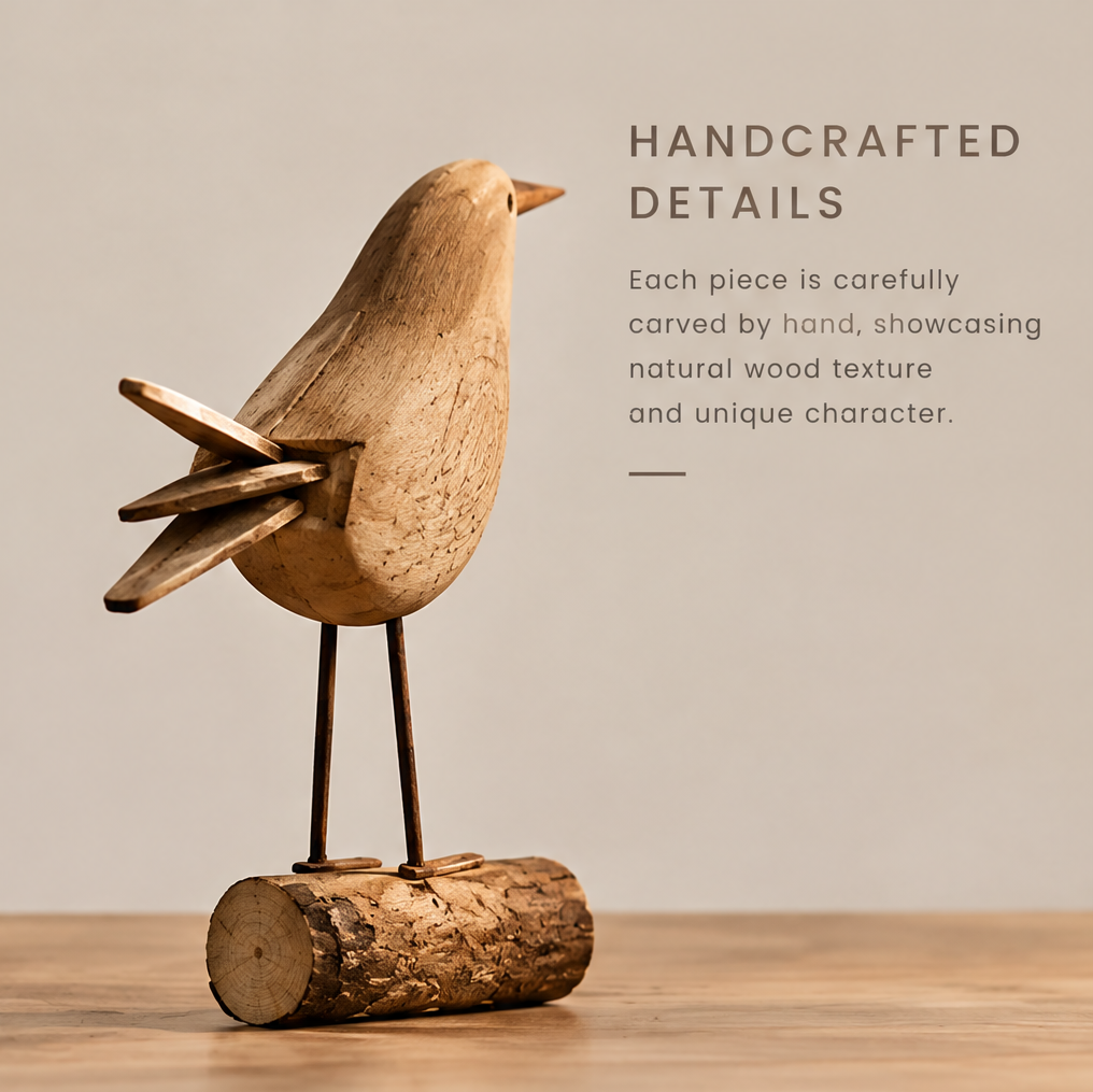AVOLTT handcrafted wood bird sculpture in a rear three-quarter view showing layered tail and log base