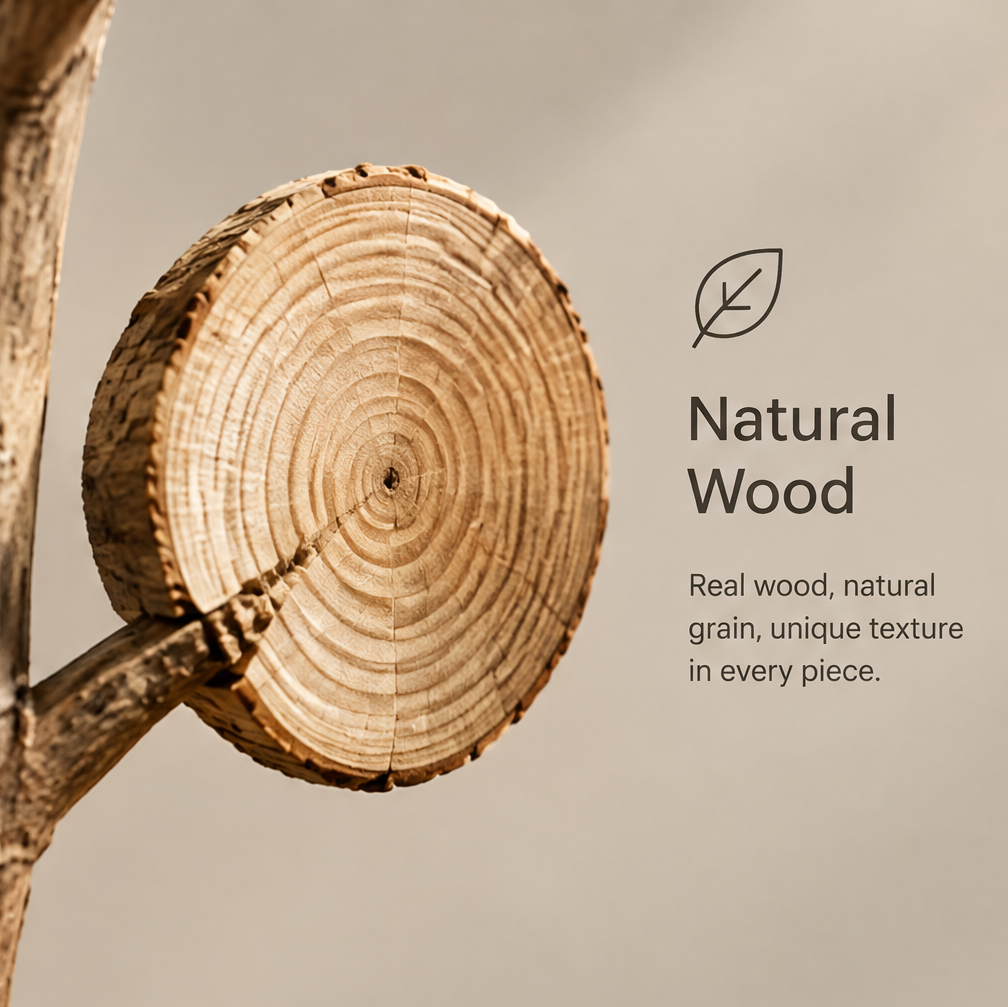 Detail of a bark-edged wood slice attached to a branch, showing natural texture and growth rings