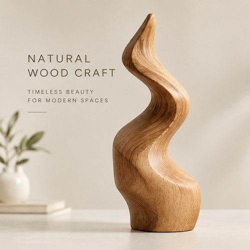 Spiral wave wood sculpture displayed on a tabletop with books and a vase in the background