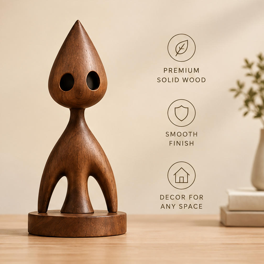 Full view of the abstract wood figure beside solid wood, smooth finish, and decor feature icons