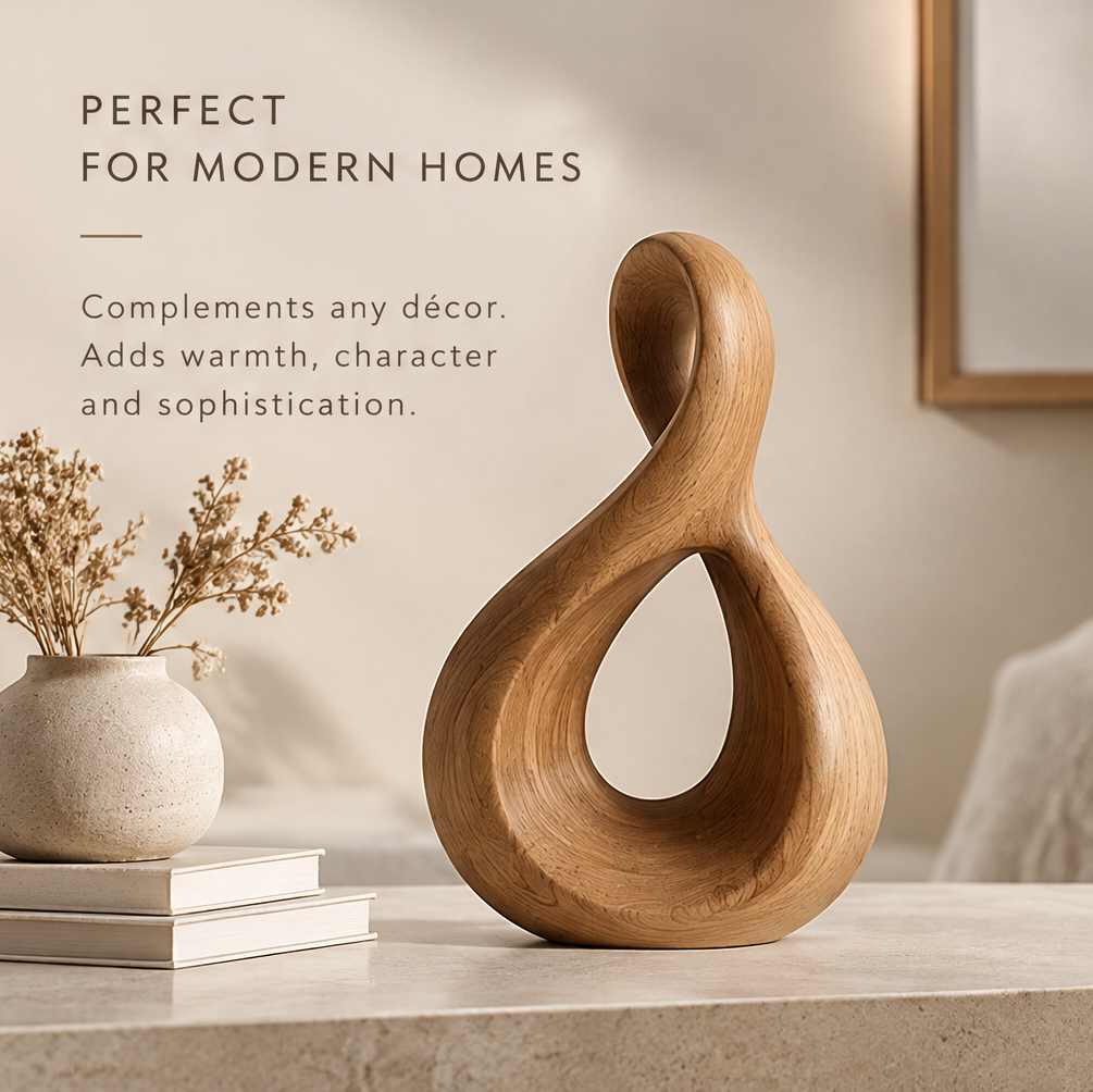 Abstract wood sculpture styled on a tabletop beside books and a vase of dried flowers