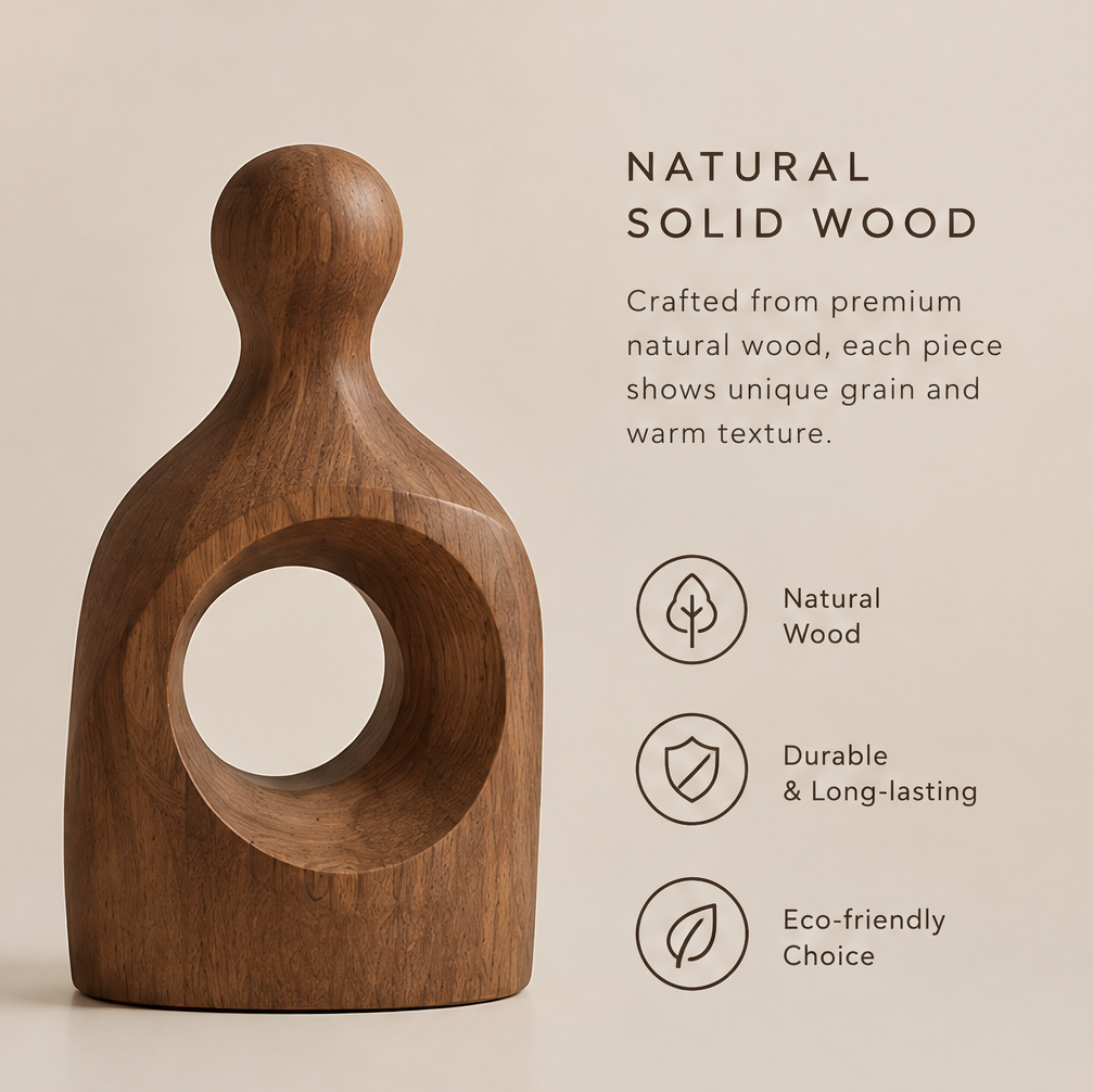 Front view of the abstract solid wood sculpture showing its circular opening and natural grain