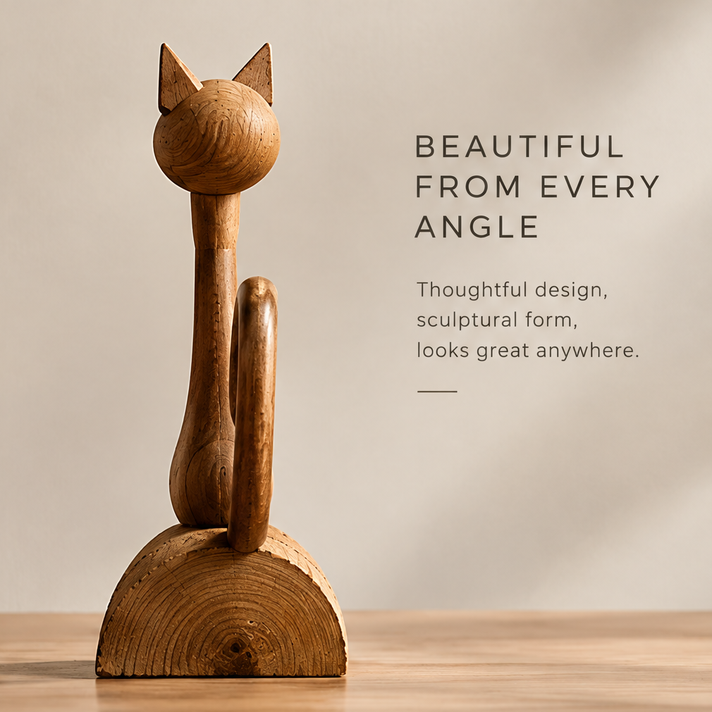 Alternate view of the cat sculpture showing its slim body and tail profile