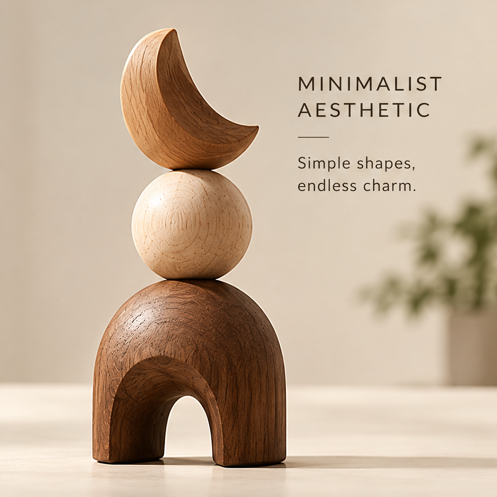 AVOLTT stacked wood sculpture with a crescent moon, light sphere, and brown arch against a neutral background