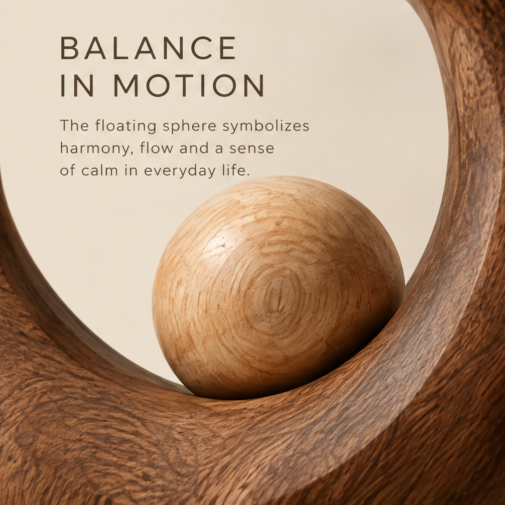 Close-up of the light wooden sphere nestled inside the darker curve, showing natural grain