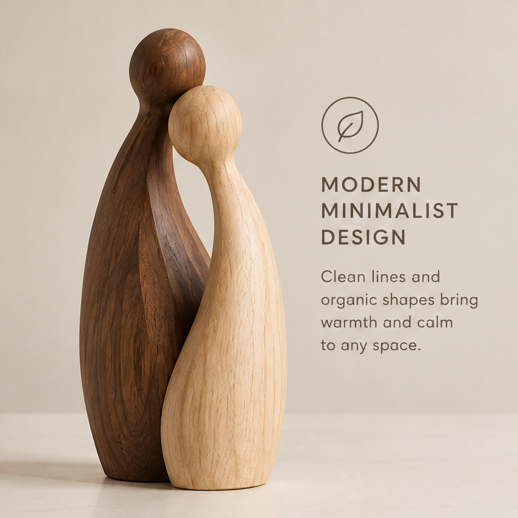 AVOLTT abstract couple wood sculpture with light and dark brown figures leaning together on a neutral background