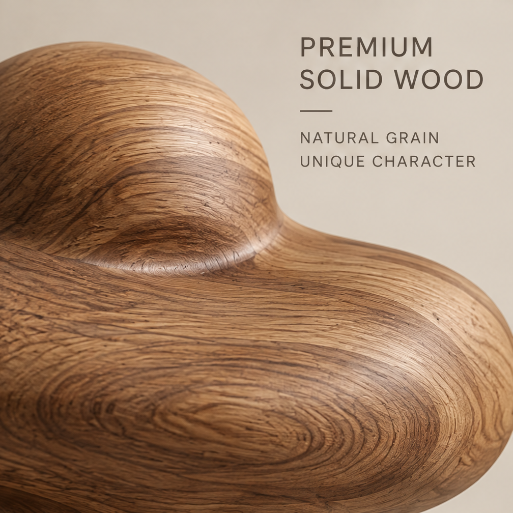 Close-up of natural wood grain across the sculpture's rounded upper curves