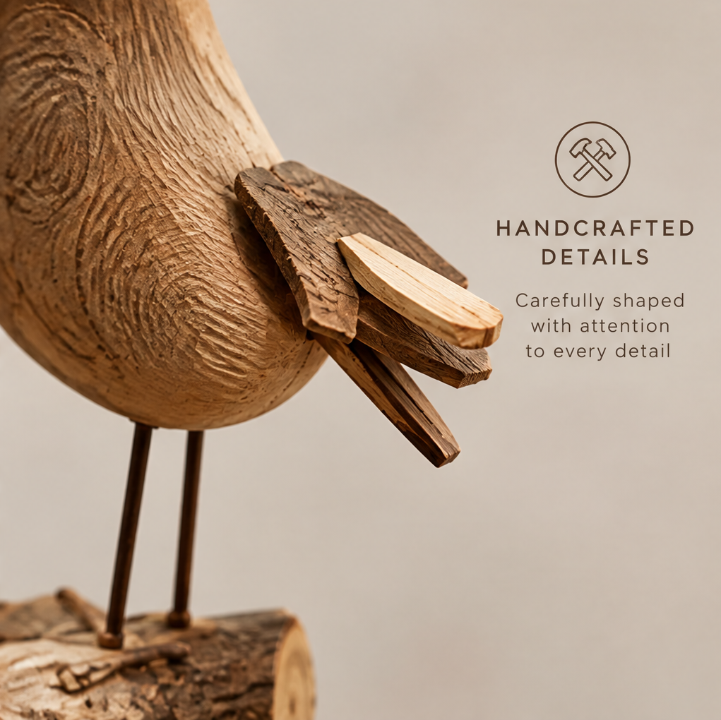 Close-up of the bird sculpture's layered wooden tail and textured body
