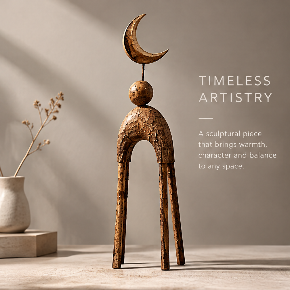 AVOLTT crescent moon and arch wood sculpture displayed beside a vase and books