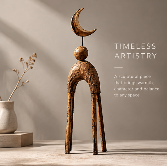 AVOLTT crescent moon and arch wood sculpture displayed beside a vase and books