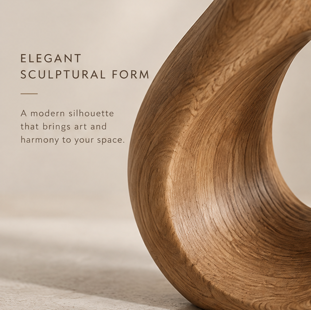 Close-up of the sculpture's curved lower section showing warm brown wood grain