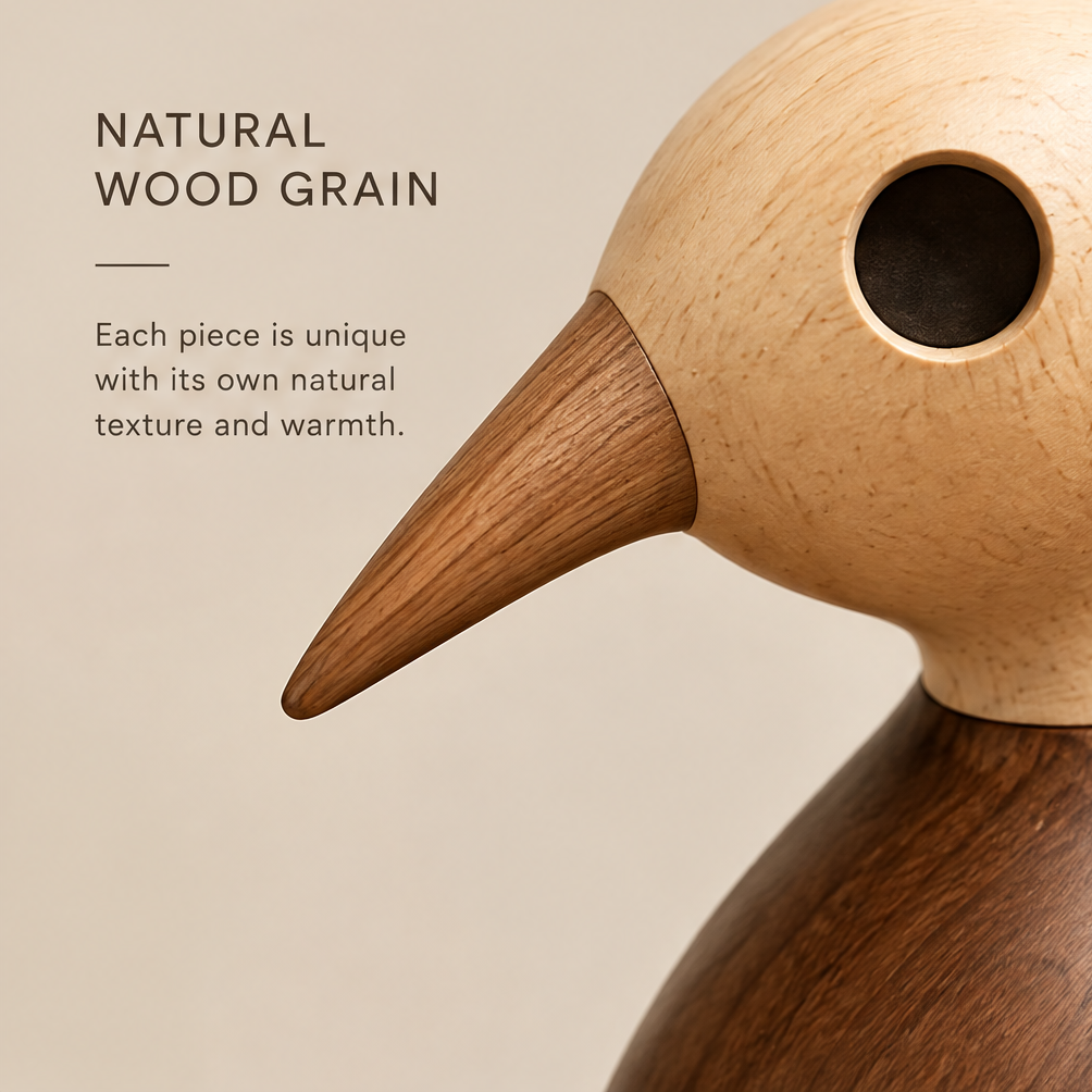Close-up of the wooden bird's light-toned head, circular eye opening, and pointed wooden beak
