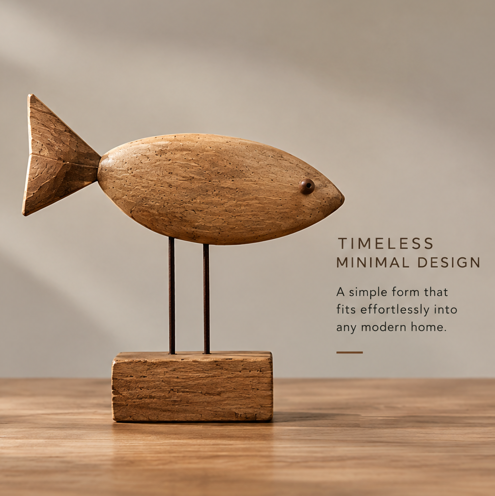 Opposite side view of the wood fish sculpture showing its oval body, triangular tail, and full base