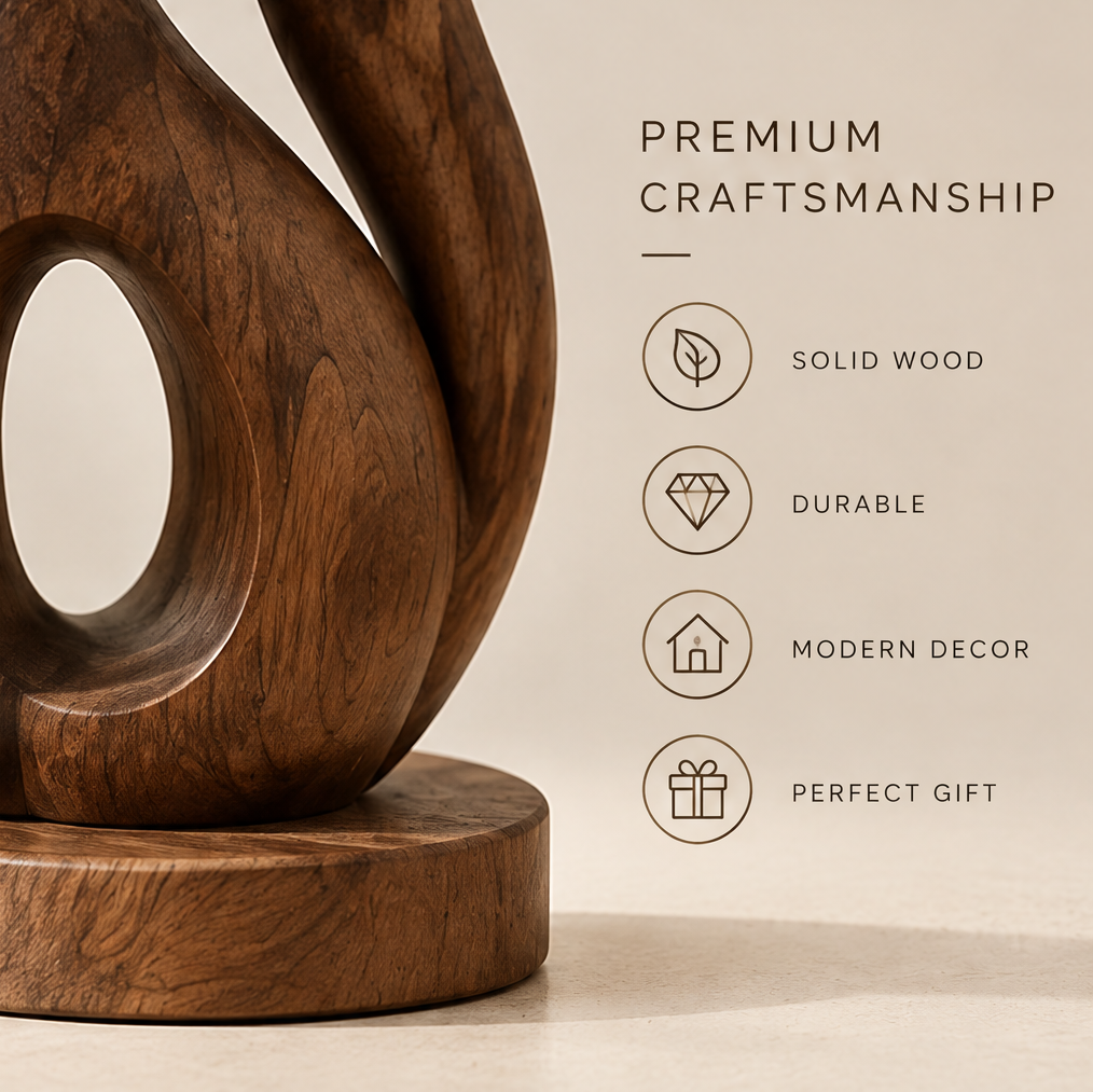 Close-up of the cat sculpture's open oval body, curved tail, and round wooden base