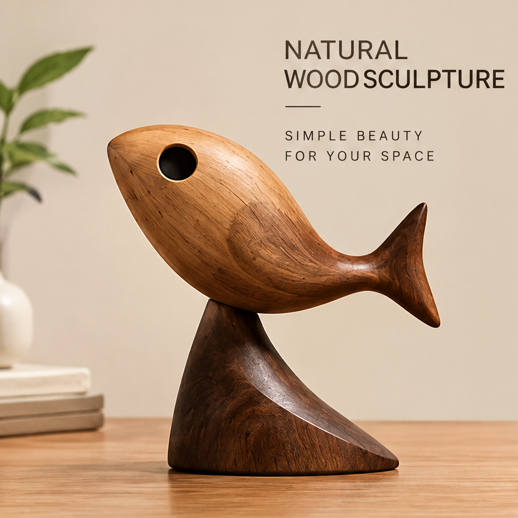 AVOLTT wooden fish sculpture on a dark wave-shaped base, styled beside books and a vase