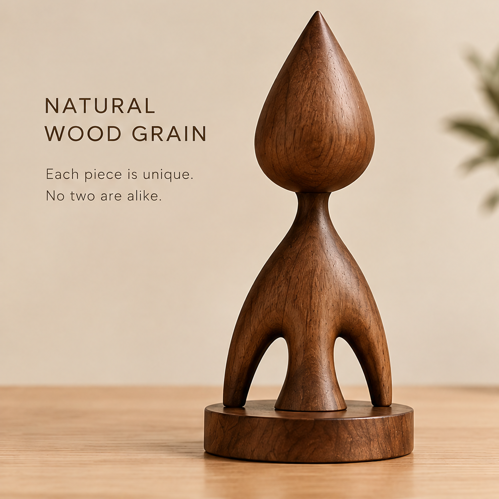 Rear view of the teardrop wood figure sculpture showing natural grain and a circular wooden base