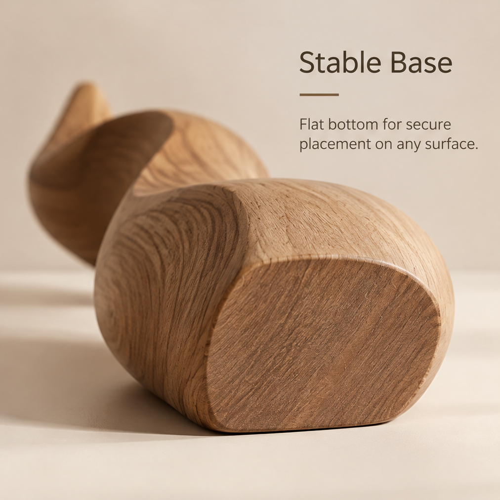 Wood sculpture lying on its side to show the flat bottom of its base