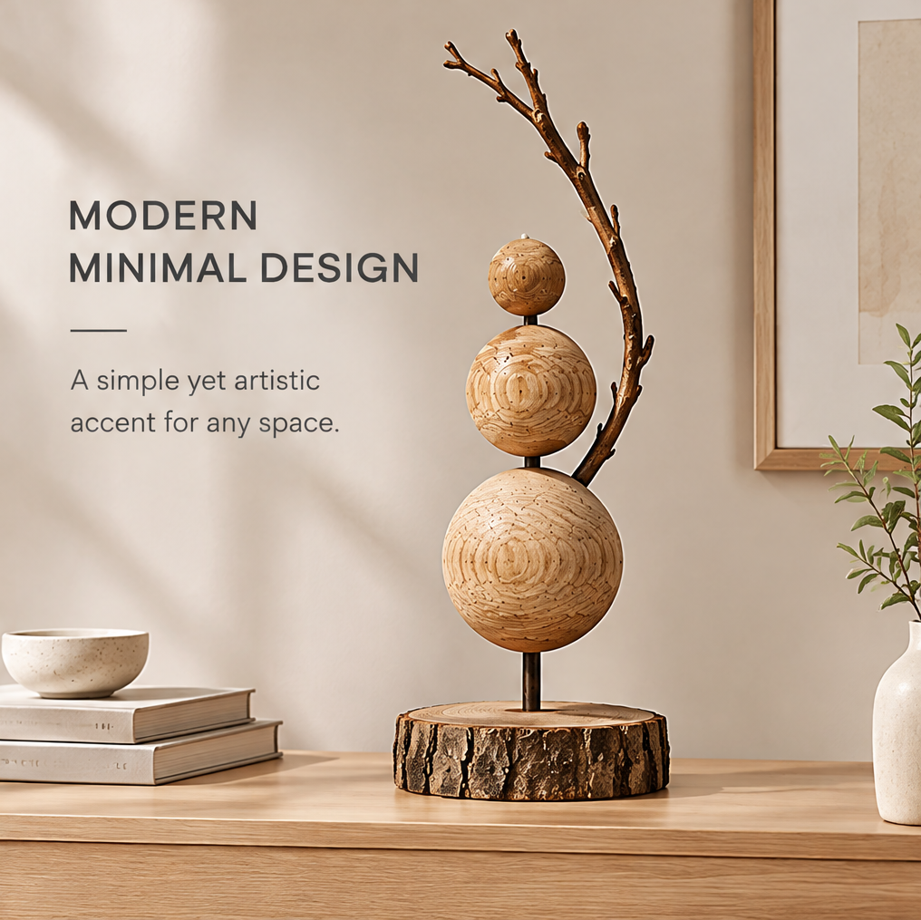 Three sphere and branch wood sculpture styled on a console beside books, a bowl, and a vase