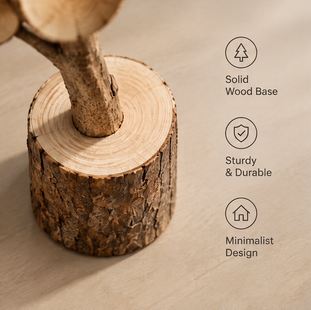 Top-down close-up of the tree sculpture's solid wood base and bark-covered trunk