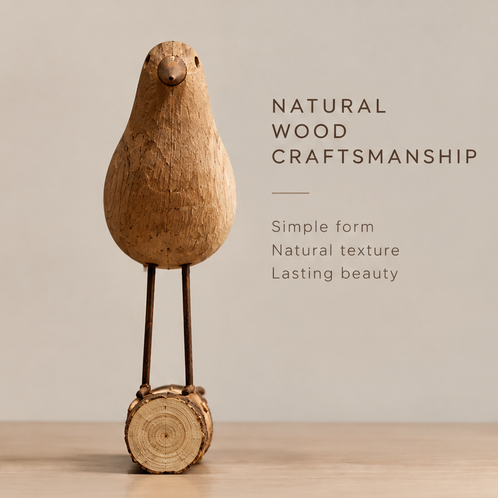 Front view of the wooden bird sculpture standing on slender dark legs above a round-ended log base