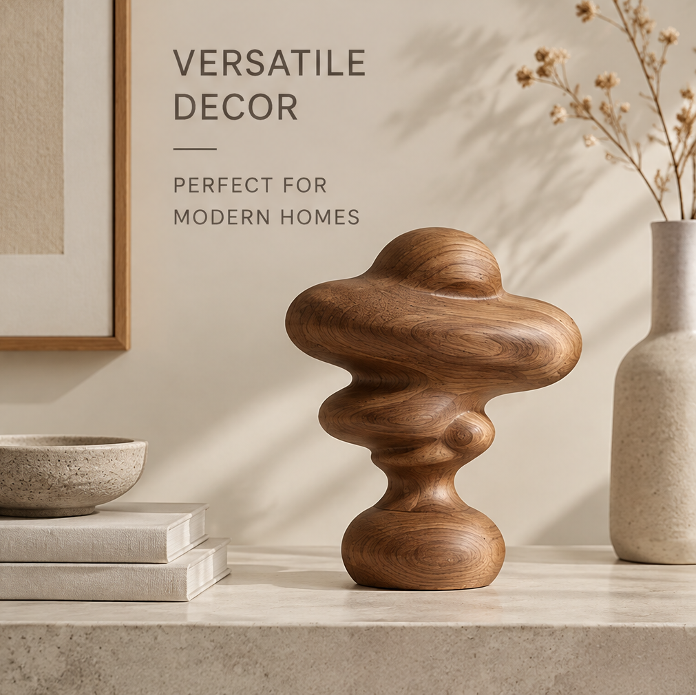 Abstract wood sculpture styled on a console beside books, a decorative bowl, and a vase