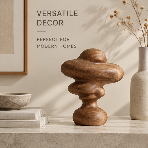 Abstract wood sculpture styled on a console beside books, a decorative bowl, and a vase