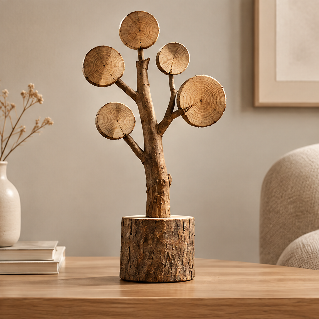 AVOLTT wood slice tree sculpture with five round wood slices and a bark-edged base in a living room