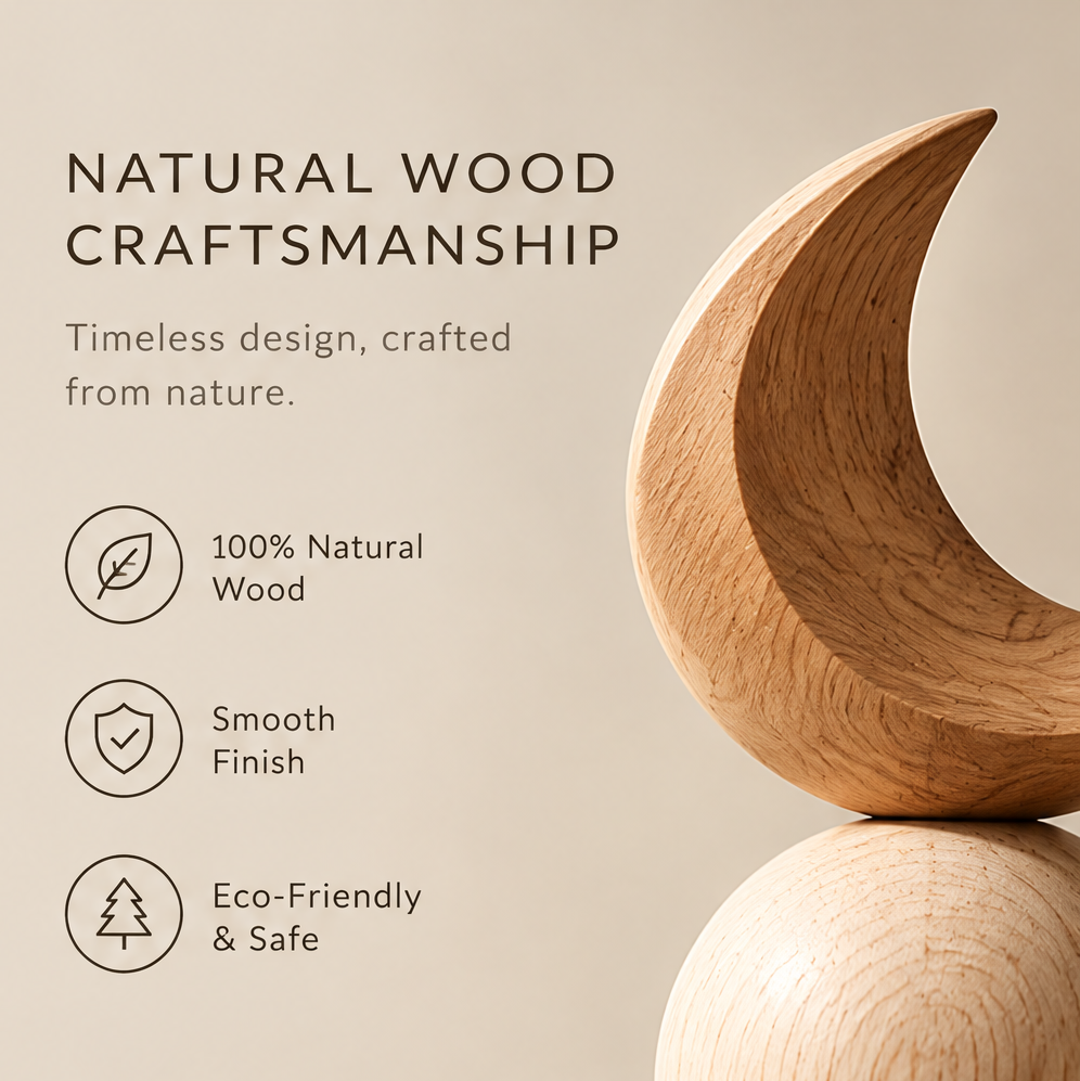 Close-up of the wooden crescent and light sphere showing natural grain and a smooth finish