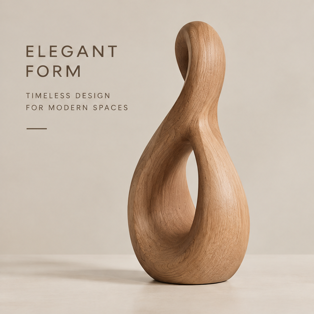 AVOLTT abstract twist wood sculpture on a neutral background, showing its open center and curved silhouette