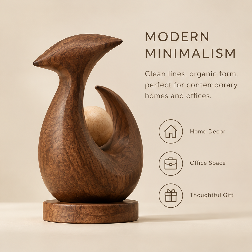 Alternate angle of the abstract wood sculpture showing the sweeping curve around the wooden sphere
