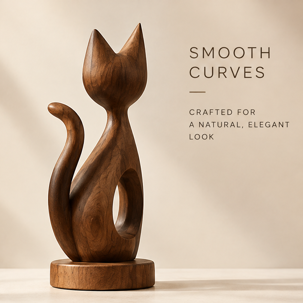 Wood cat sculpture styled beside a vase and books in a warm neutral interior
