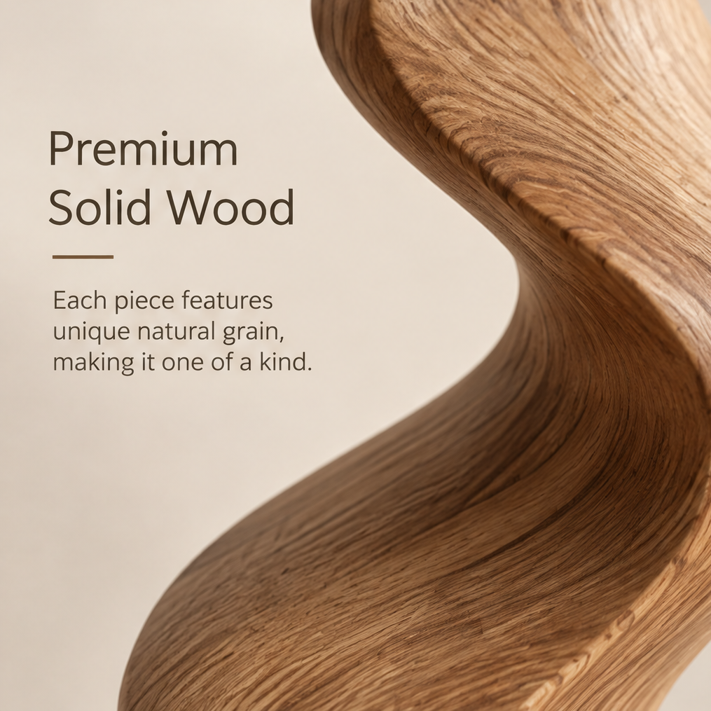 Close-up of the spiral wave sculpture showing natural grain along the solid wood curves