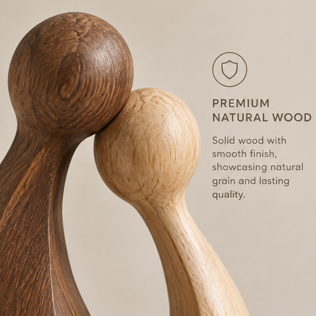 Close-up of the two rounded heads showing contrasting tones and natural wood grain
