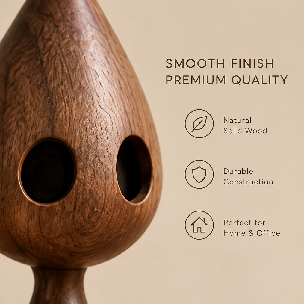 Close-up of the teardrop head with two oval openings and visible wood grain
