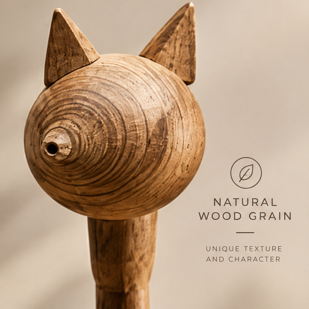 Close-up of the cat's round wooden head and triangular ears showing natural growth-ring patterns