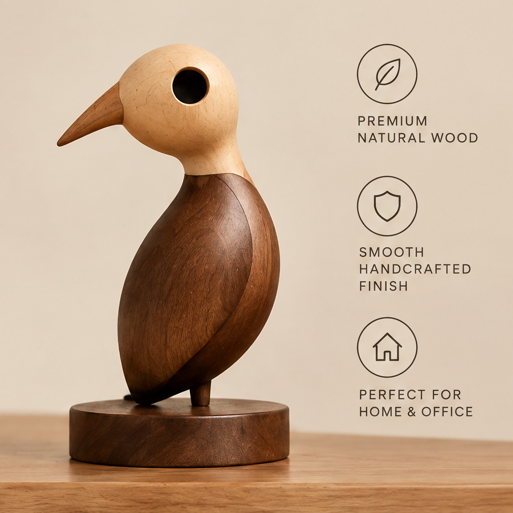 Full view of the wooden bird showing its pointed beak, circular eye opening, and curved brown body