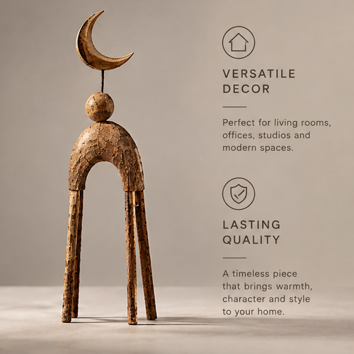 Full view of a wood sculpture with a crescent moon, sphere, open arch, and slender legs
