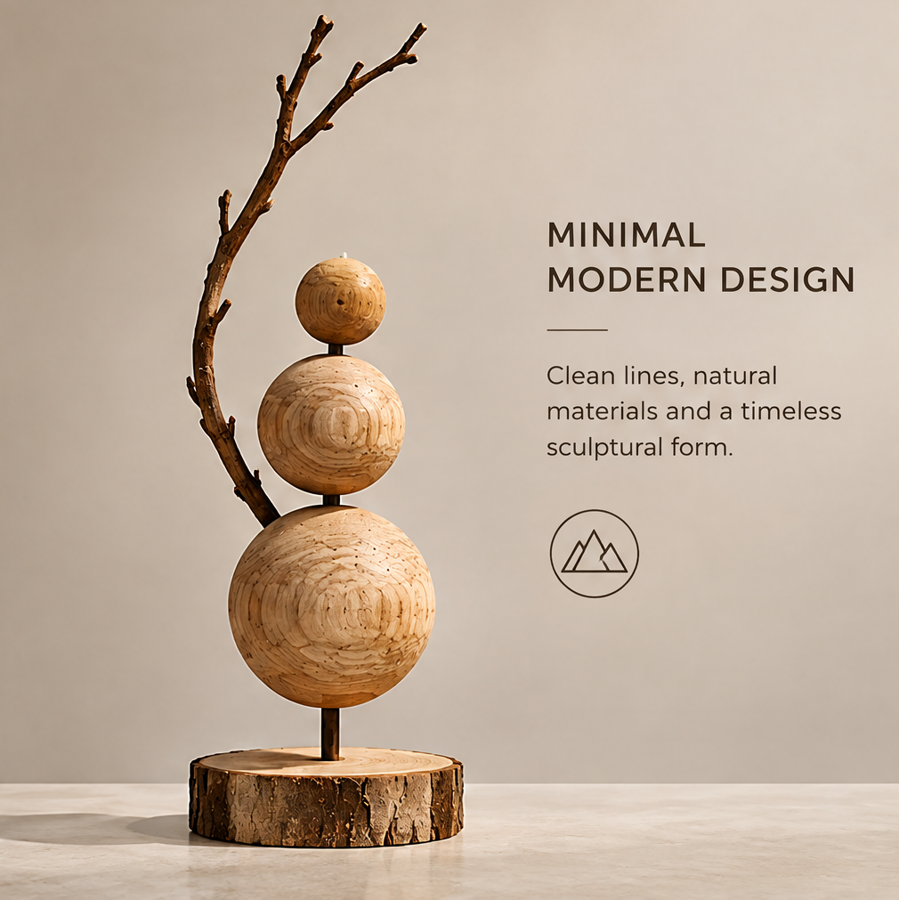 AVOLTT sculpture with three graduated wooden spheres, a curved branch, and a round bark-edged base