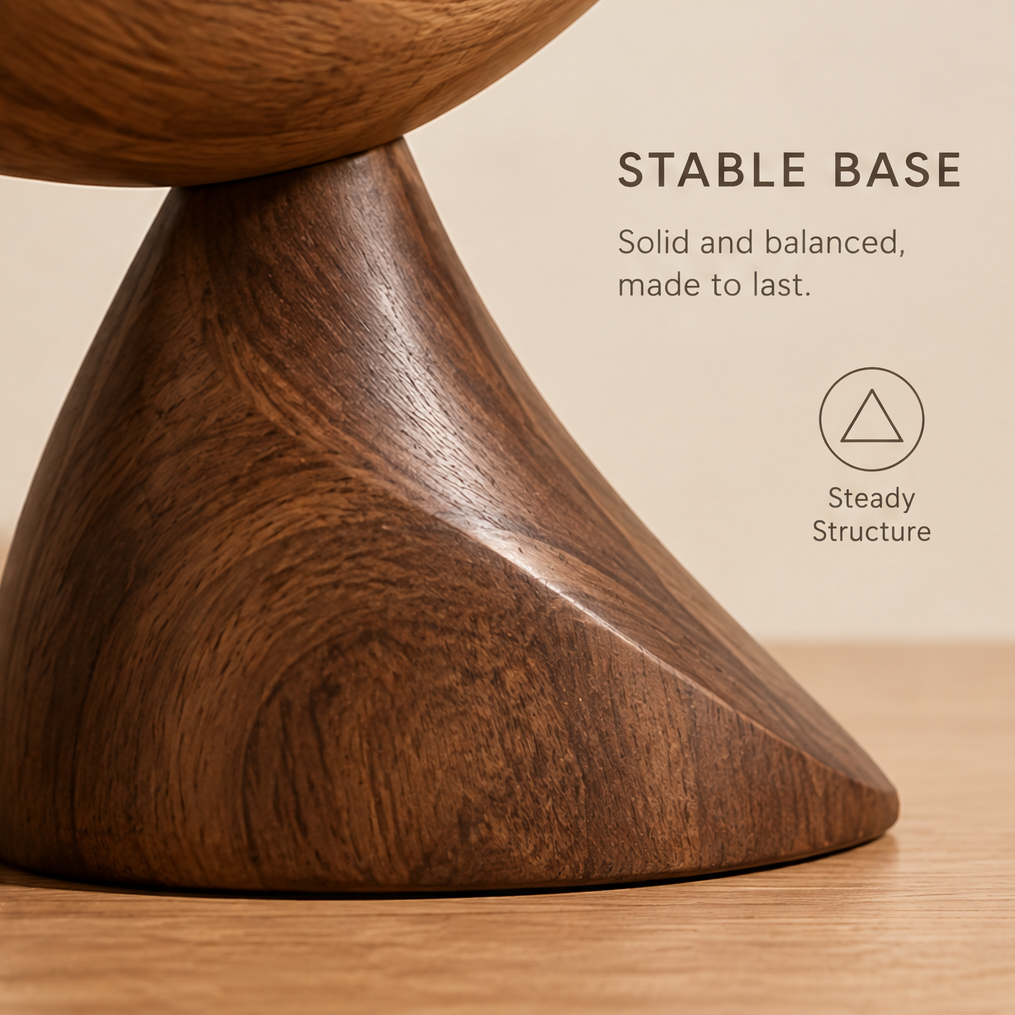 Close-up of the dark wooden wave base showing natural grain and its sweeping contour
